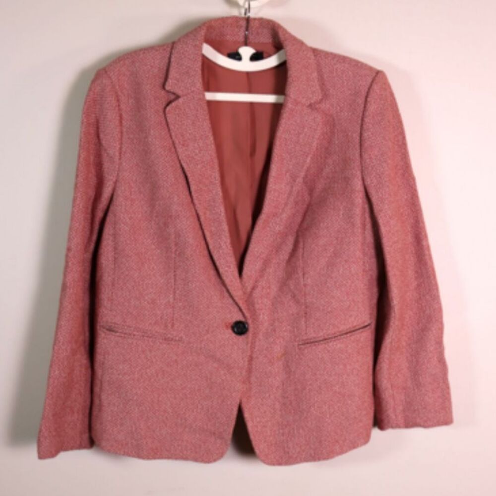 Ann Taylor Pink White Tweed Blazer Women’s 12 Cotton Business Casual Jacket